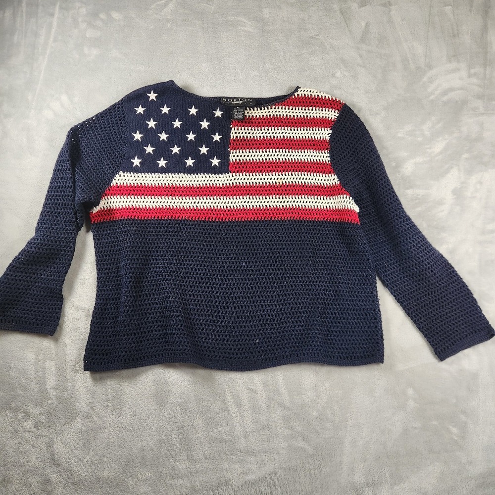 VTG Norton Studio American Flag Knit Sweater Petite L Crochet Patriotic USA